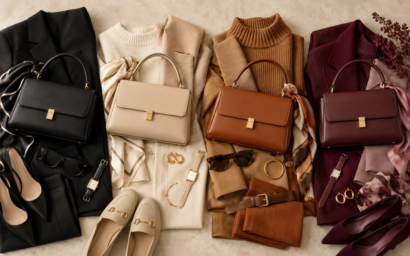 Sacs noir, beige, cognac et bordeaux assortis à différentes tenues