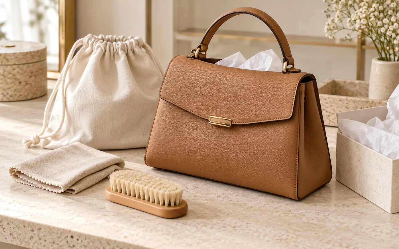 Sac camel avec chiffon doux, brosse et housse pour son entretien