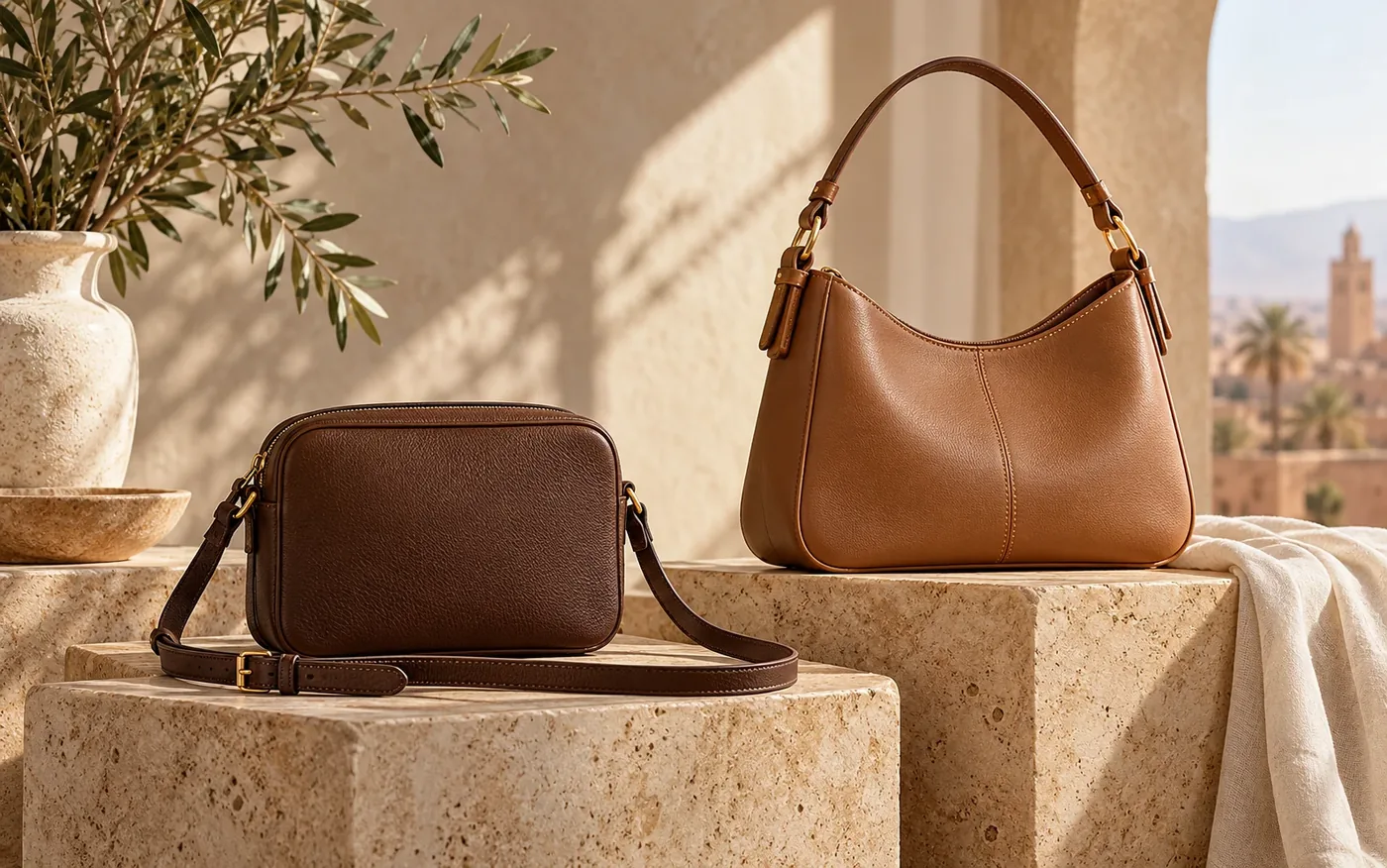 Comparaison entre un sac bandoulière marron et un sac porté épaule camel